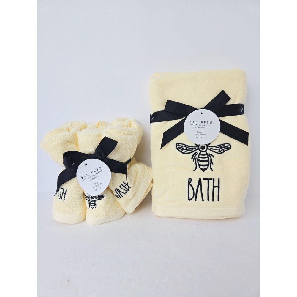 Rae Dunn Yellow Black Wash Cloths x6 + Hand Towel bee NEW